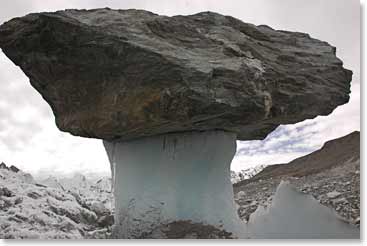 We saw this amazing sight, a huge bolder still perched on ice, near base camp.