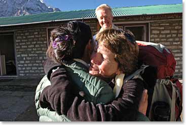 It is always hard to leave Pangboche.  Sharon says goodbye to Yangzing