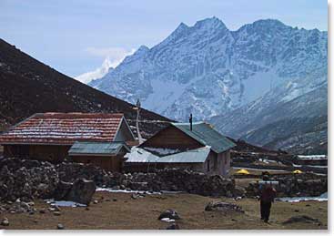 This picture is taken inside the village of Gokyo which is located right beside Gokyo Lakes. Our team will spend the night here amongst the legendary peaks