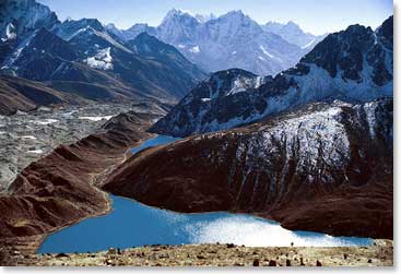 As our team descends down into Gokyo, they get an awesome view of Gokyo Lakes and the surrounding region. The small village of Gokyo can be seen here in the lower left corner