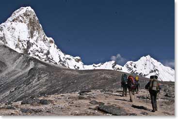 The approach to Lobuche High Camp is a steady climb with magnificent views of the summit