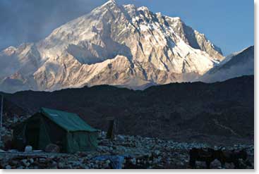 The gigantic mountain Nuptse can be seen in full view from Lobuche