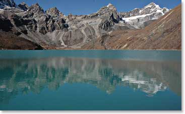 Calm, crystal clear waters of Gokyo Lake;