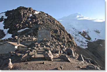 A spectacular view of the glaciated summit of Cayambe from the Cayambe Hut