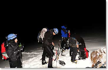 The group begins the climbing Cayambe in the middle of the night so they will have perfect sun on the summit