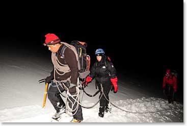 BAI guide Osvaldo, leads Line and the rest of the group up Cayambe