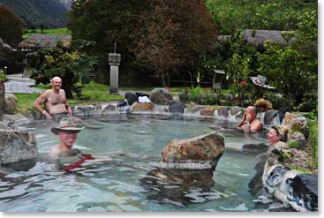 The entire team enjoys a soak after their summit success of Cayambe