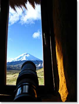A spotting scope at Tambopaxi Lodge allowed us to follow other climbers on Cotopaxi