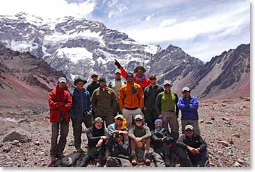 The entire 2009 Aconcagua team at base camp with Aconcagua behind them