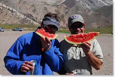 At trails end on the 26th of January, Dan and Cliff enjoy the watermelon and beer that was waiting at our van