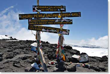 Photo of the actual summit of Kilimanjaro on Uhuru Peak, 5,894 m/19,339 ft. This marks the highest point in Africa!