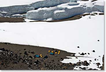 Aerial view of Crater Camp. Our team spent an unforgettable night at this camp after their successful summit