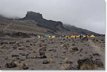 The team settles down at Lava Tower Camp which is at approximately 15,090 ft/4,600 m