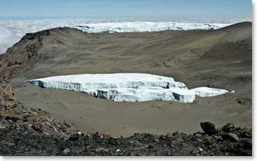 From inside the crater our team can see the glaciers that cover Kilimanjaro