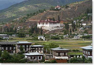 A Dzong, or monastery, sits on the hill overlooking Paro