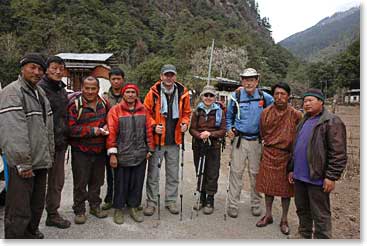 Edouard, Jim and Janet get prepared for the trek with our Bhutan staff