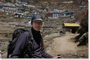 Ed at the entrance to the famous trading village of Namche Bazaar