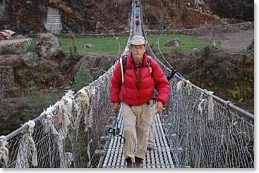 Jim crosses one of the many spectacular bridges on this trek