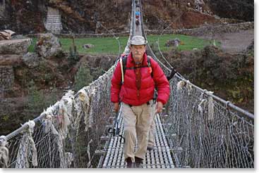 Jim crosses one of the many spectacular bridges on this trek