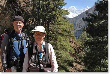 Bob and Kit get their first views of Everest at the bottom famous Namche Hill