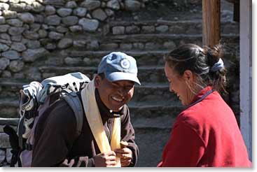 As we leave Pangboche, Min receives a Khata blessing scarf from Yangzing