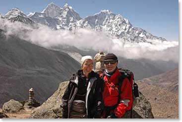 Kit and Bob on the trail to Pheriche. The peaks behind are Kantega and Thamserku