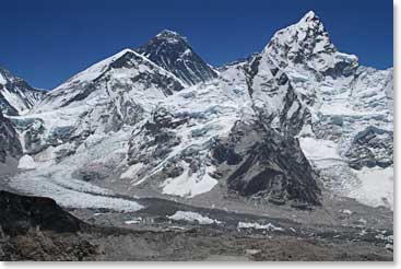 Part way up Kala Pattar, you begin to see the top of Everest and the Khumbu Icefall.