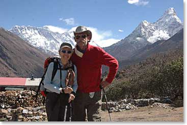 We heading home, but still marveling at the world’s greatest mountains. Janet and Jim with Everest and Ama Dablam behind.