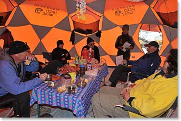 We had hot soup and snacks in the dinning tent of the Everest Base Camp clinic.  Dr. Eric Johnson gave us an update about the season so far.