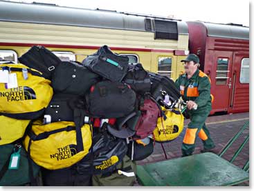We didn’t travel light,... moving our bags off the train bound for the Ararat Park Hyatt Hotel at Red Square