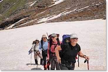 Jackie, Carol, Terri and David going up the snow