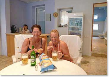 Jackie and Terri back at the sauna, relaxing after another great day!