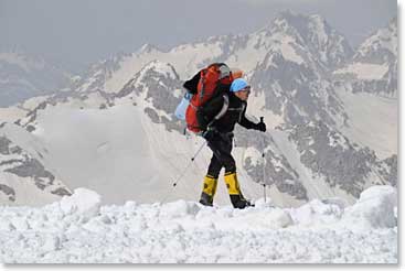 A climber from another team heading up to Pashtukov Rocks