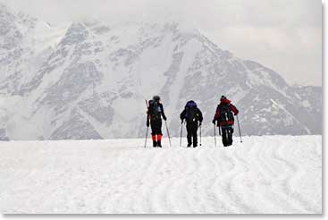 At the end of a great climbing day to Pashtukov Rocks. Terri, Jackie and Steve Boles heading down the glacier to our home at Garabashi’s cabins