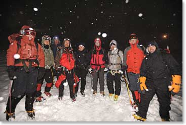At 4:00 AM we were ready to board the snow cat for the ride to Pashtukov Rocks, where our climb would begin. The snow was an indication of things to come.