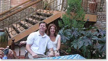 After our early morning flight from Tashkent ,Mike and Katy enjoy the courtyard of our hotel.