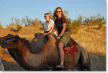 We spent the night Thursday at a desert yurt camp. As the sun set and the hot desert air began to cool, Linda, Leila and others took a camel ride.