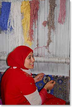 After arriving in Samarkand and taking lunch across from Registan  Square we visited a silk carpet factory.  A charming young lady named Zainab taught us about her craft.