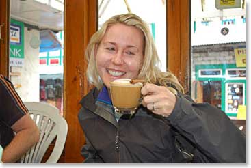 Amanda preparing to enjoy a cappuccino