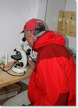 In the Khunde Hospital lab,  our pathologist Jim  was quick to sit down at the microscope