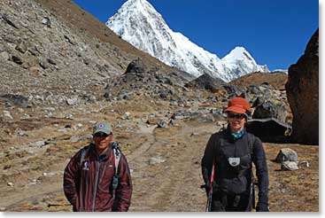 Ang Tshering and Patricia on the trail to Lobuche with Pumori above
