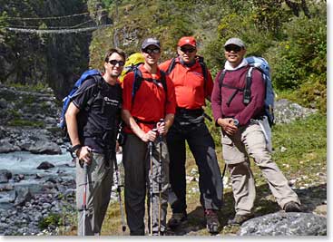 The bridge behind us is what takes us to the base of Namche Hill