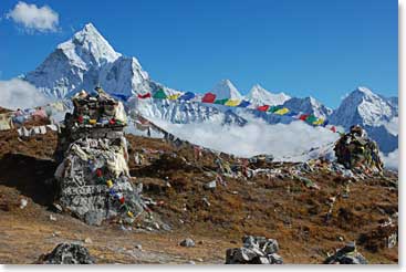 The field of memorials for fallen Sherpas and Western climbers in the high mountains above us, gave the team pause. There was beauty all around us and the spirits of the mountaineering pioneers were in the air