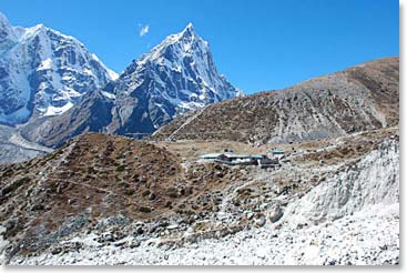 On Saturday we stopped for lunch at Thukla, 15,100 feet. Above us, the terminal moraine of the Khumbu glacier stood. We knew that once we ascended this we would be in the