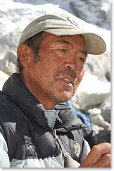 There were no climbing teams at B.C. but we found a legend there, Ang Nima, the 'Ice Fall Doctor', who has been in charge of maintaining the ladder and rope route through the dangerous Khumbu Icefall for many years