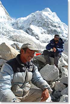 Ang Nima first climbed on an Expedition with Wally Berg 20 years ago, in 1989.  His first trip to Everest was with Chris Bonnington in 1975.  He shared many stories with us at the base of the Icefall