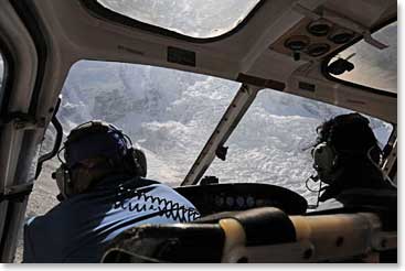 Kenny and Pemba viewed the famous Khumbu Icefall with excitement as they approach from the air