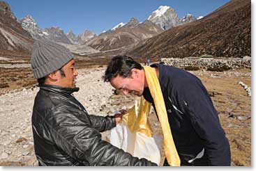 Since some of the team were leaving the Khumbu today, they were offered Khata blessing scarves for their safe travels