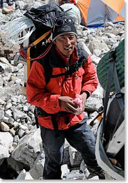 Ang Namgel, our climbing Sherpa, readies for today's trip to Camp 1