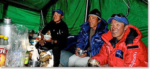 Ang Tshering, Pemba Dorje and Kami Tshering enjoying a few minutes in the cook tent
